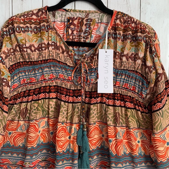 Karyn Seo Woven Mona XL Western Boho Blouse Top Long Sleeve Tassle Rayon NWT - Picture 2 of 11